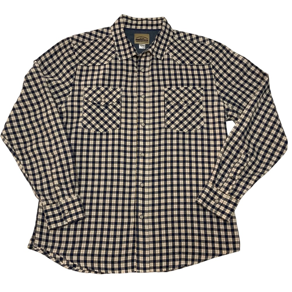 Roebuck & Co Mens Large Western Flannel Shirt Navy Blue Plaid Pearl Snap L/G VTG